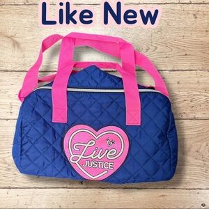 Girls Live JUSTICE Dance Tote Bag Quilted Blue with Pink Glitter logo.